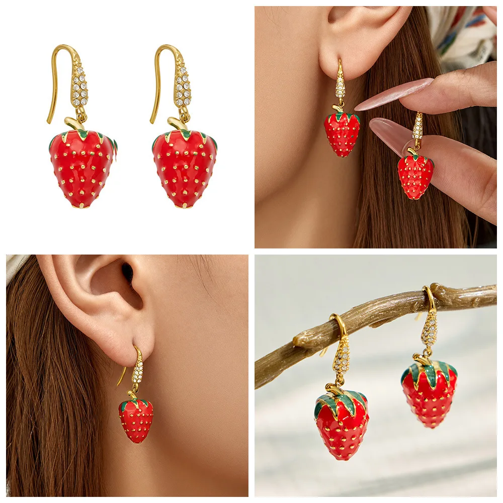 Erdbeer-Ohrringe für Frauen, Rote Emaille-Frucht-Ohrringe, Edelstahl-Hängeohrringe, 18k Vergoldete Zirkon-Ohrringe – Detail 1