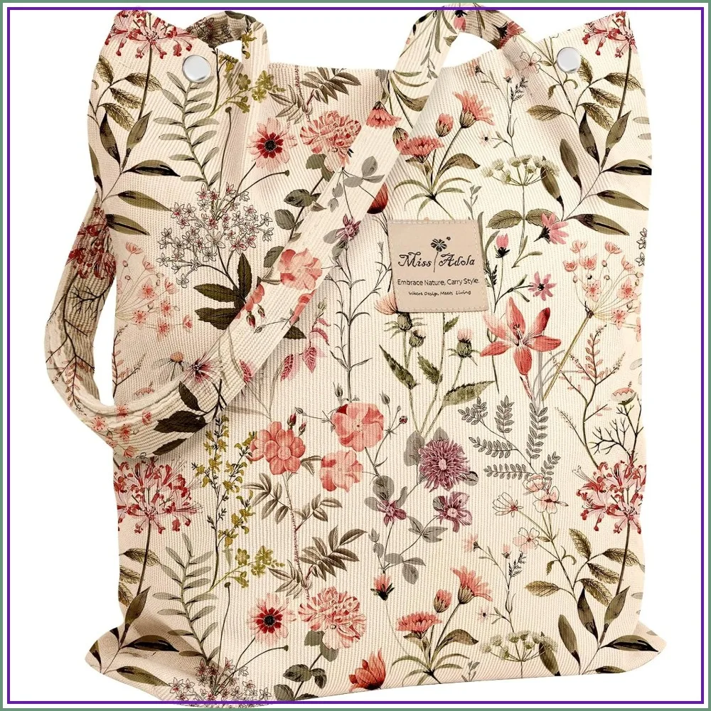 Corduroy Tote Bag for Women - Reusable Totes with Pocket & Buckle Cute Aesthetic Shoulder Bag for Work Travel