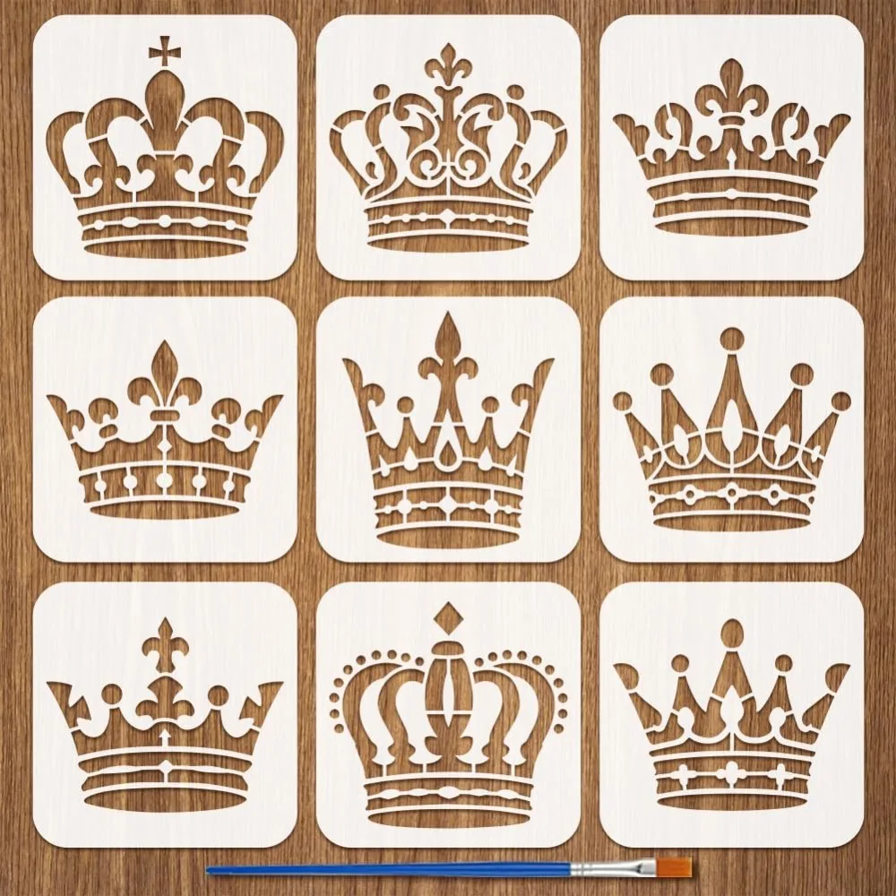 9-teiliges Malerei-Schablonen-Set mit Pinsel, 5,9 x 5,9 Zoll, Kunstschablonen mit Königinnen- und Prinzessinnenmotiven, wiederverwendbare Kunstschablonen mit Königsmotiven, Kunstschablonen aus