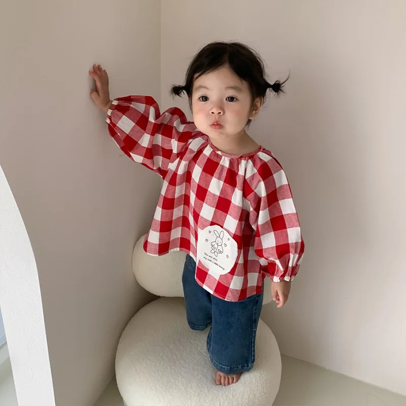 

Spring & Autumn Children Cotton Checked Doll Shirt Korean Kids Clothes Shirt Baby Red Black Rabbit Pattern Cute Girls Blouse