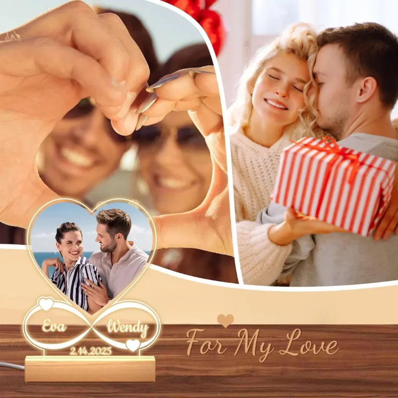Personalizado acrílico romântico em forma de coração moldura de foto lâmpada de mesa personalizado dia dos namorados aniversário casal presentes