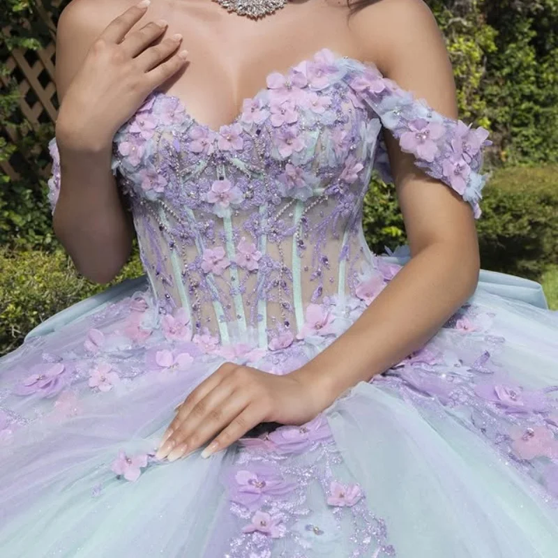 

Lavender Quinceanera Dresses Glitter Crystal Decal off-shoulder 3D Flower Long tail Bow Vestido 15 Quinceanera Customize