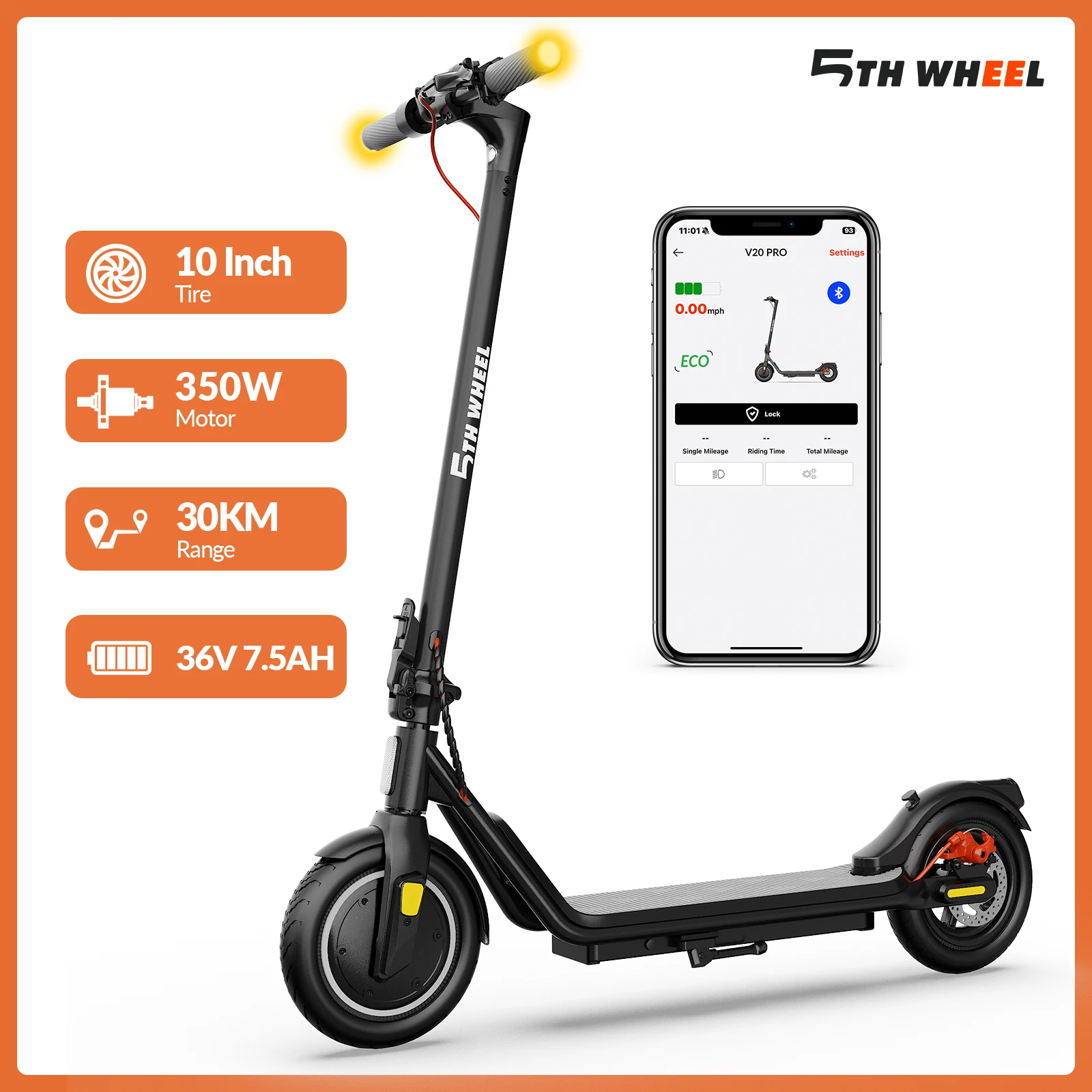 Image of 5TH WHEEL Elektroroller, 350W Motor, Reichweite 30km, 10*2.125" Vollreifen, Doppelbremse, 25km/h, 36V 7.5AH, Klappbarer E-Scooter für Pendler