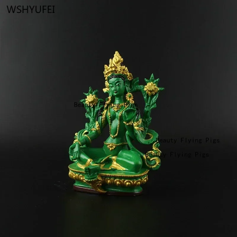 1 pc Resin painted green Tara Bodhisattva Buddha Statue Sculpture Crafts Feng Shui Accessories sacrifice pray for auspiciousness