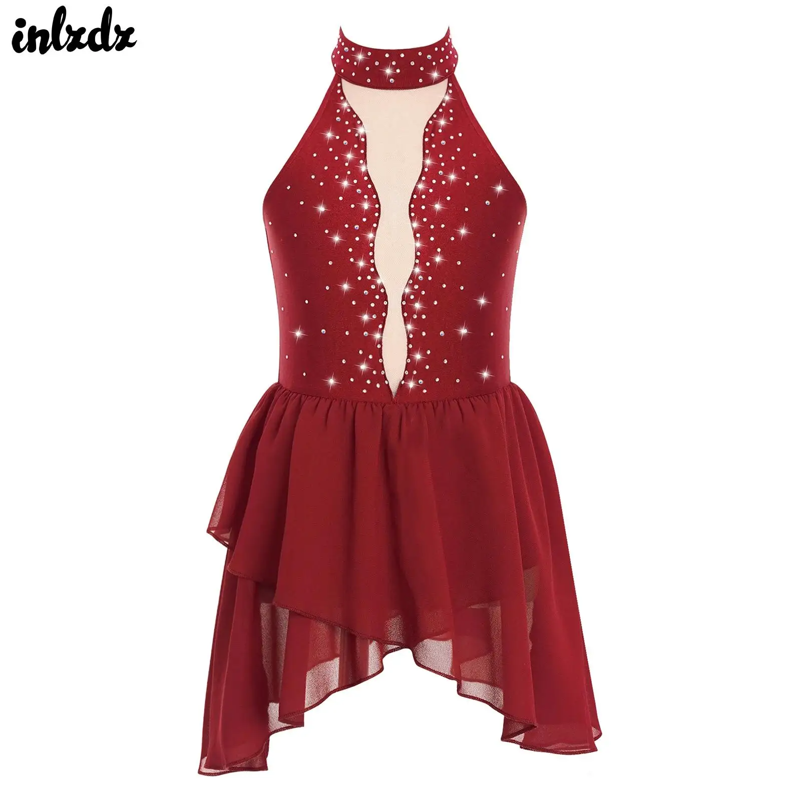 Kids Girls Rhinestone Figure Skating Ballet Lyrical Dance Costume Sheer Mesh Mock Neck Open Back Irregular Hem Dress Dancewear