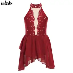 Kids Girls Rhinestone Figure Skating Ballet Lyrical Dance Costume Sheer Mesh Mock Neck Open Back Irregular Hem Dress Dancewear