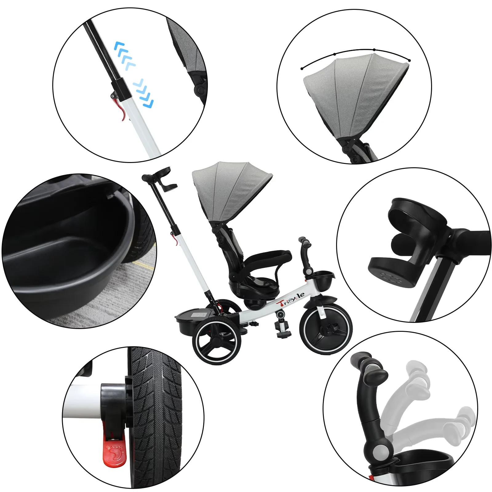 Детский трехколесный велосипед 6-в-1 с прорезывателем, ремнем безопасности и солнцезащитным козырьком — игрушка для езды на возраст 1–6 лет (серый/белый)