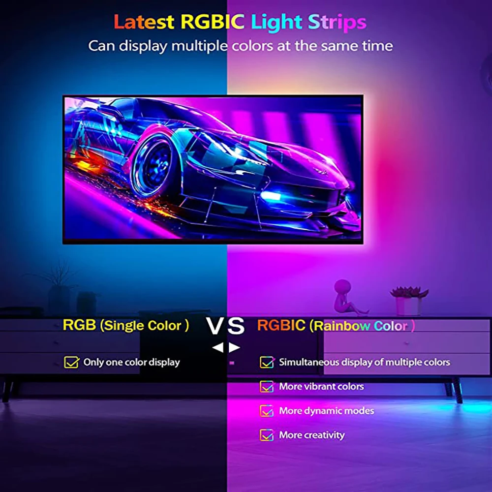 RGBIC LED Strips 2.5M-7.5M Bluetooth App Control Music Sync LED Light With Remote Control For Game Room Party Interior Decor