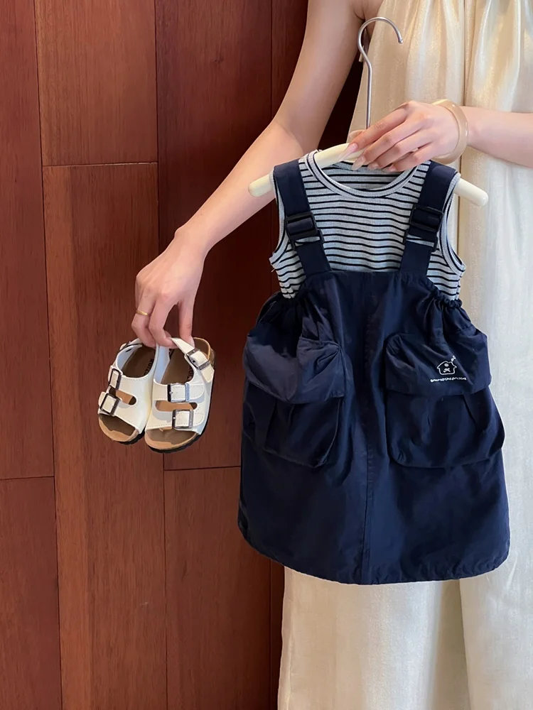 

Girls Stripe Patchwork Workwear Skirt Set with Straps Breathable Cotton Summer Fashionable Outfit Two-Piece Suit Short Sleeve