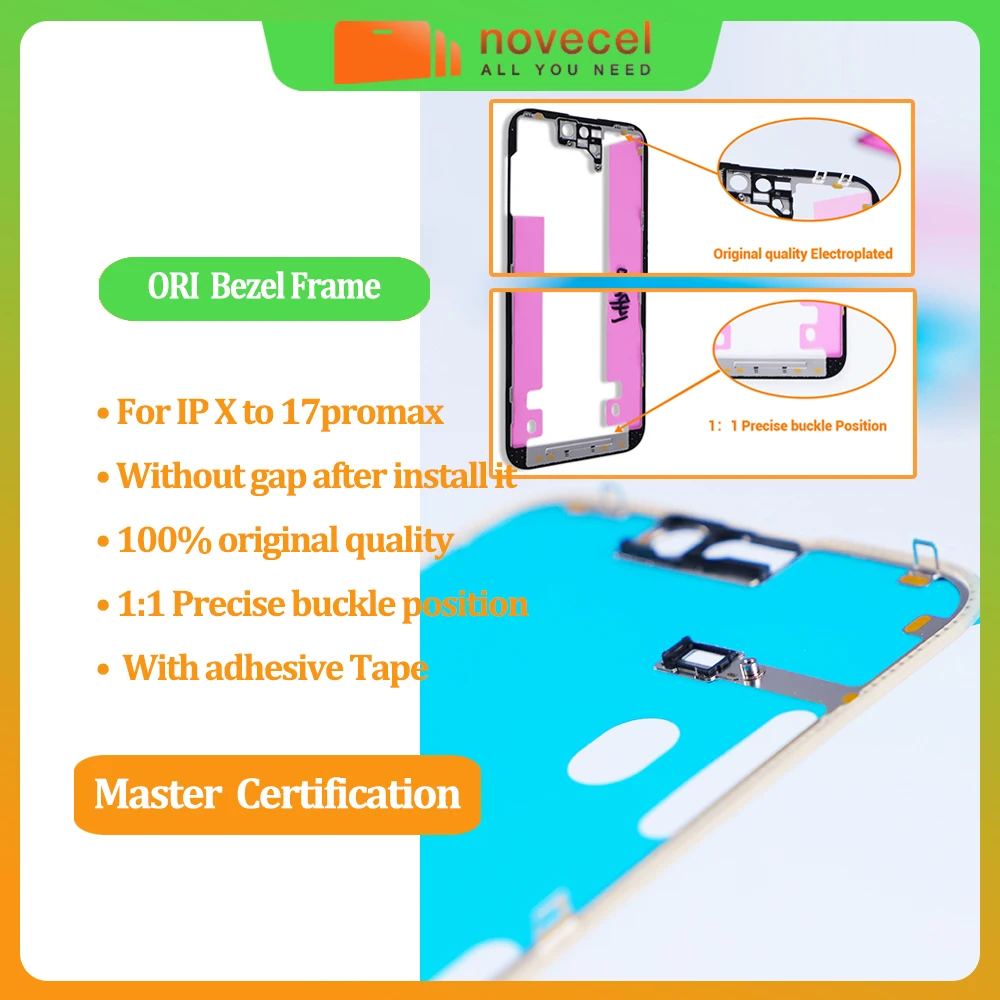 10pcs 100% Ori Quality Front Bezel Frame with Adhesive Tape for iPhone 11 12 13 14 15 16 17 pro max 17air 13mini 15plus X Xs Max