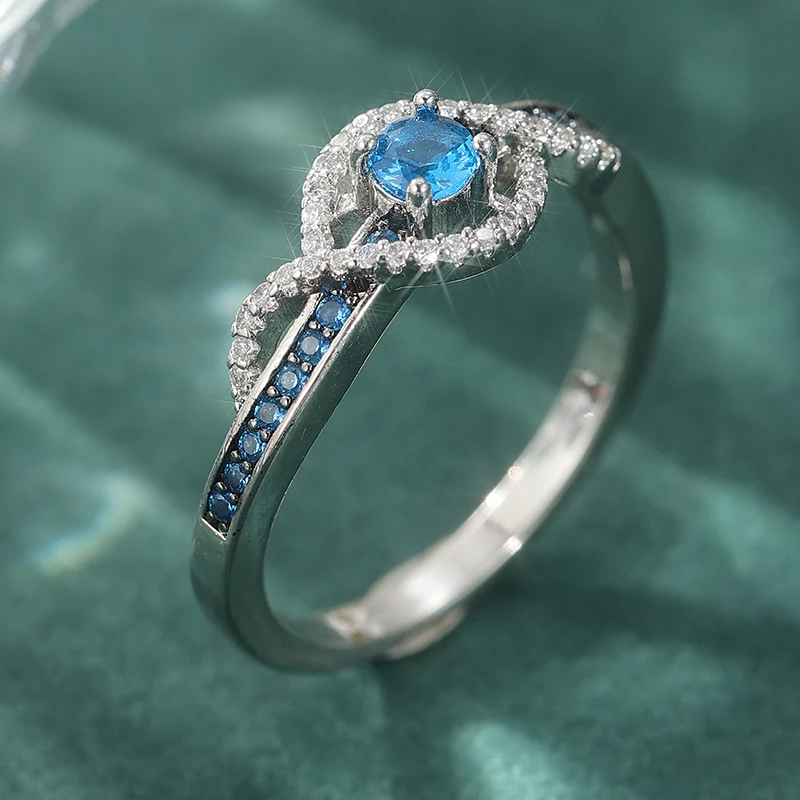 Eleganter Eingelegter Weiß-Blauer CZ Damenring Trendiger Silberfarbener Geometrischer Hohler Alltags- und Partyschmuck Jubiläumsgeschenk – Detail 3