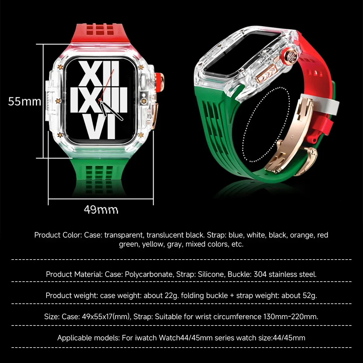 Luxury Modification Kit for IWatch Series 9 8 7 6 5 4 SE 45MM 44MM Transparent Case+Rubber Strap for Apple Watch 9 45mm Mod Band