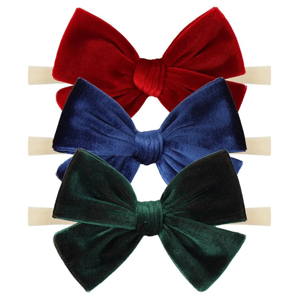 

3pcs Cute 4" Smooth Velvet Handtied Bows With Thin Nylon Headband For Girls Elastic Hairbands Kid Velvet Turban Hair Accessories