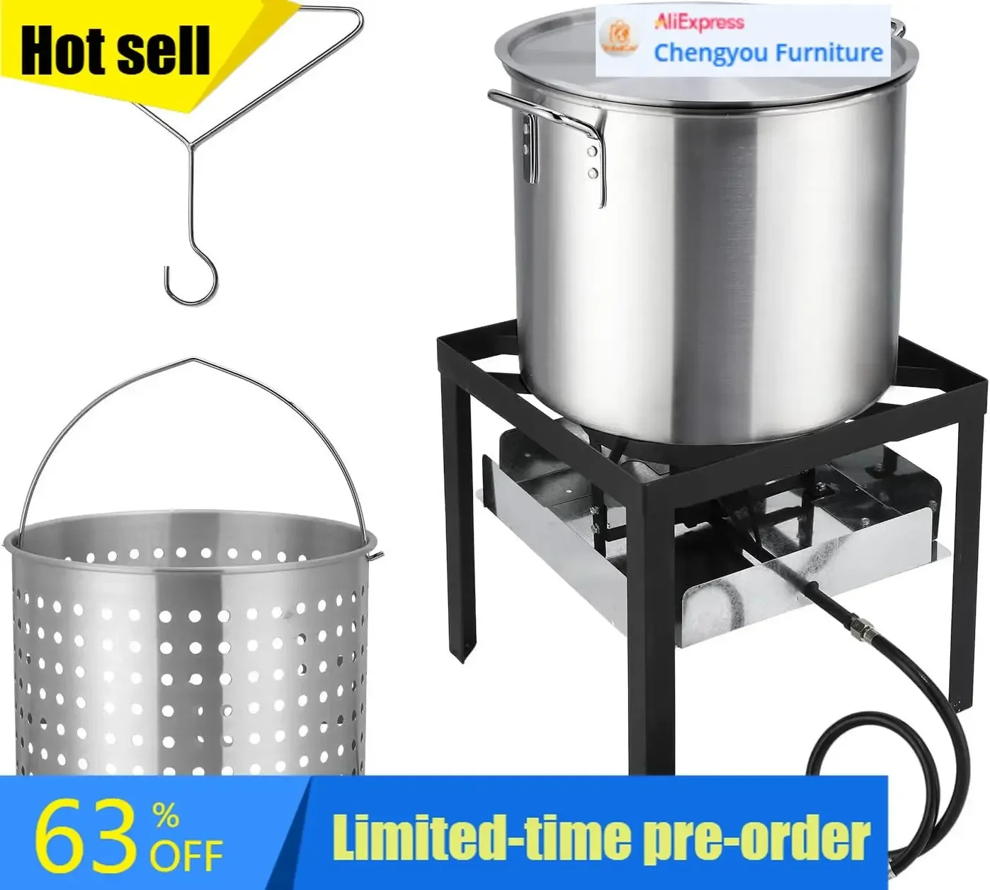 60Qt Turkey Fryer Outdoor Propane Burner Gas Fryer Seafood Crawfish Boiler Pot Steamer Basket Propane Regulator Hose