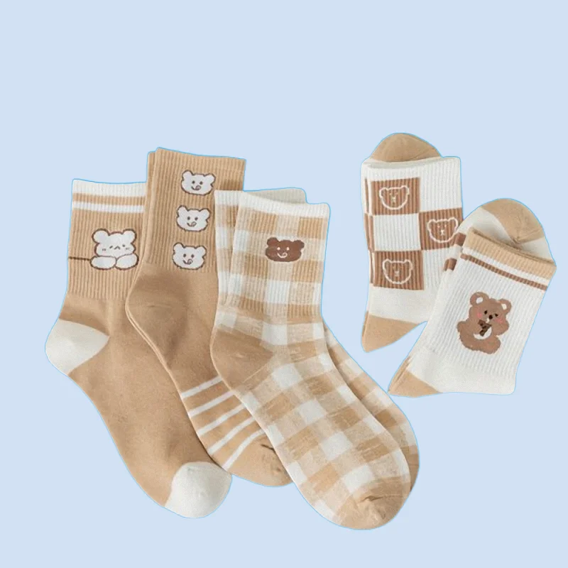 5/10 Pairs Spring Socks Women's Middle-Tube Socks ins Trendy Beige Women's Socks Cute Japanese Cotton Socks Cartoon Bear Socks