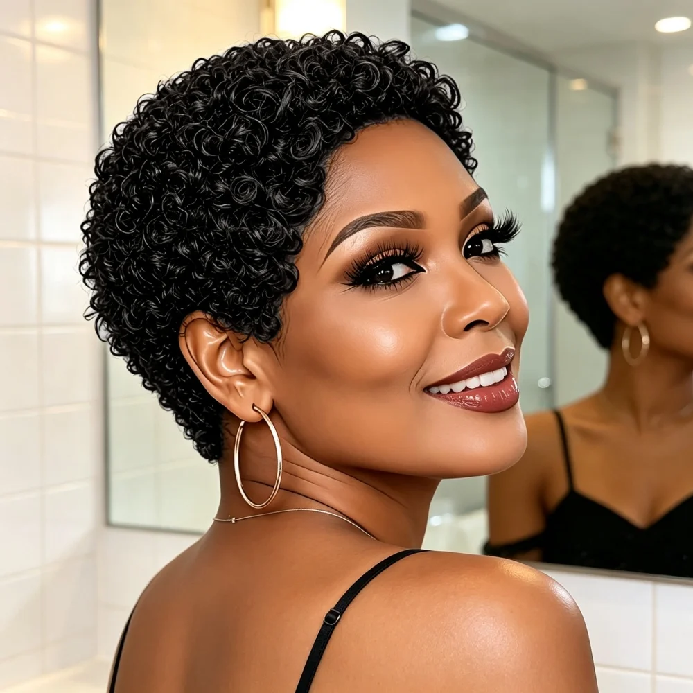 Full Machine Made Short Curly Human Hair Wig for Women, Tight Tiny Curls Pixie Cut Wig, Natural Looking Soft Human Hair