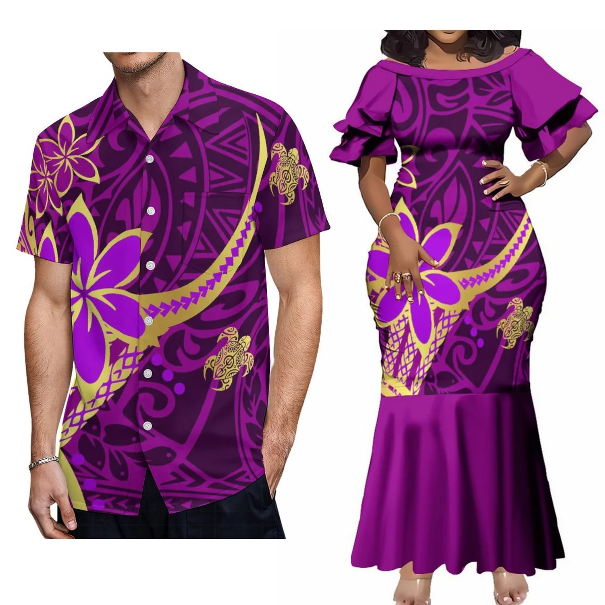 

High Quality Summer Women'S Double-Layer Short-Sleeved Dress Polynesian Tribe Custom Printed Hawaiian Men'S Shirt Couple Suit