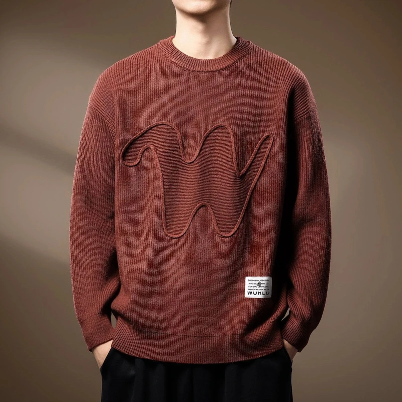 Jacquard Round Neck Sweater for Men, All Match Autumn New Item, Loose Plus Size Casual Interior, Red Fashion Knit Sweater