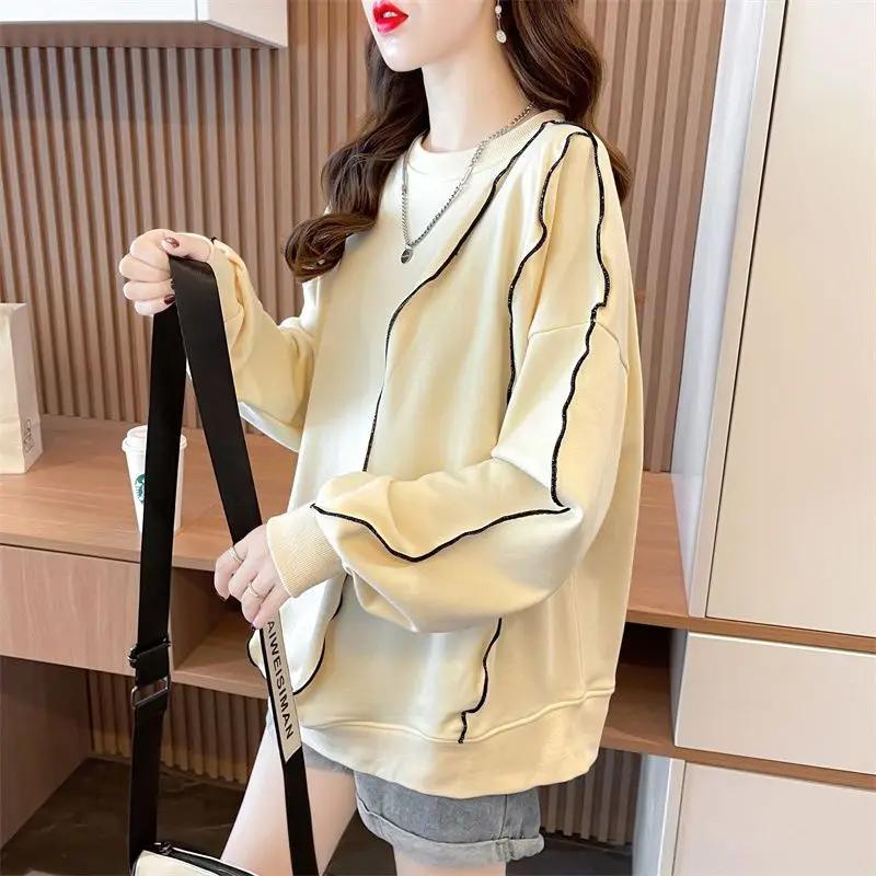 

Woman Tops Loose Baggy Round Neck Apricot Sweatshirt for Women Spring and Autumn Pullover Splicing Harajuku Fashion Sport Cheap