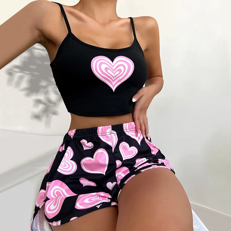 2 Pieces Pajamas for Girls Set Summer Women Sleepwear Short Sleeve Nightgown Female Ladies Sexy Lingerie Pyjamas Heart Print