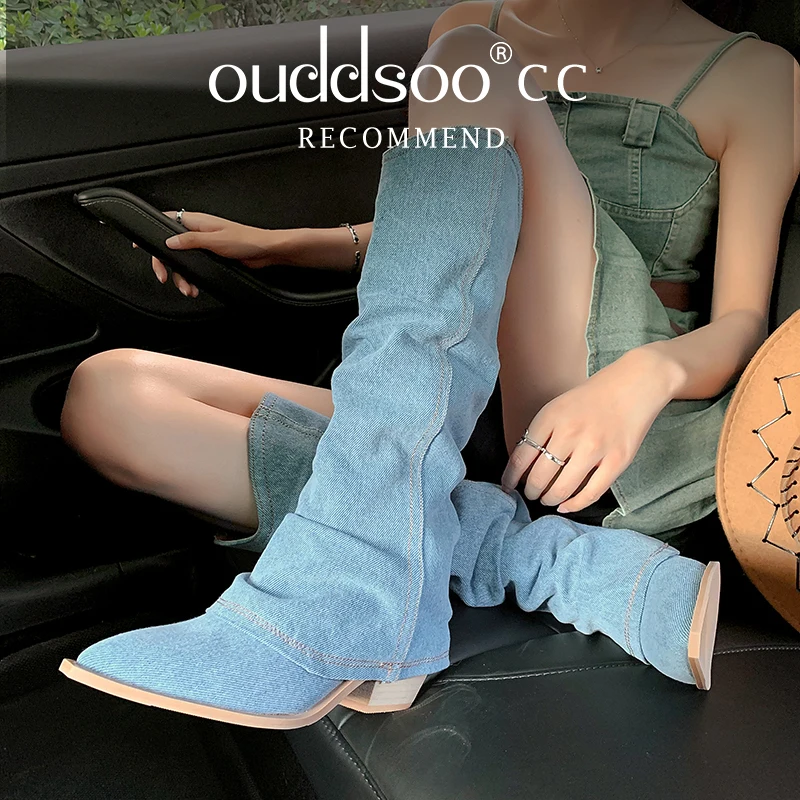 

Ods Denim Mid Calf Woman Cowboy Cowgirl Boots Vintage Causal Elegant Street Fashion Booties For Female Autumn Winter Ladies Shoe