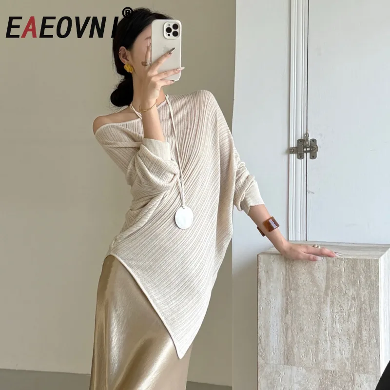 

EAEOVNI Fashion Knitted Asymmetrical Sweater For Women Solid Color Fashion Long Sleeve Pullover Tops Casual 2025 Autumn New