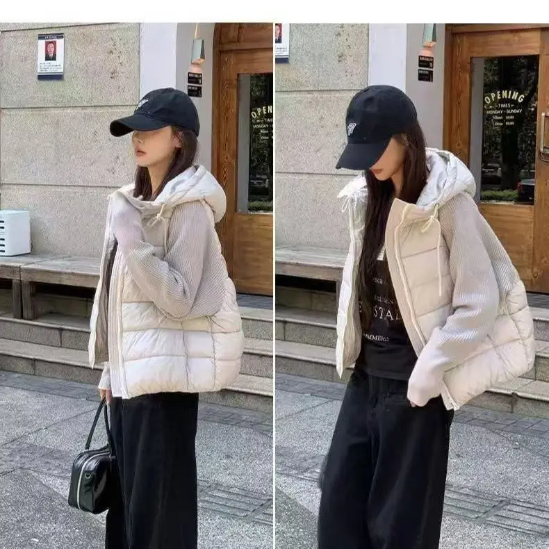 

Женская легкая и тонкая вязаная куртка с хлопковым наполнителем и вставками, 2026, короткая, с капюшоном, в корейском стиле, новая зимняя утепленная куртка
