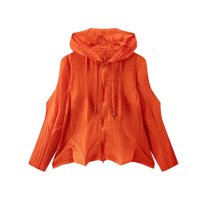 

2025 Summer Clothing Miyake Solid Colour Hooded Bat Sleeve Irregular Pleated Women's Short Jacket Casual Zip Loose Top Women's