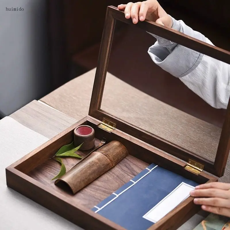Black walnut tea set display box dust-proof teacup five-sided transparent glass storage tea room desktop solid wood display case