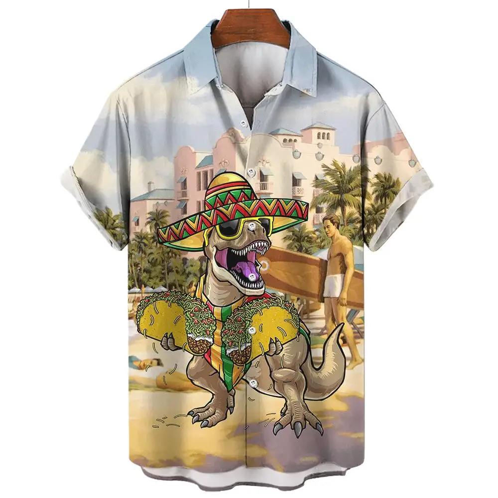 Men\'s Hawaiian Shirts 3D Print Dinosaur Graphics Fashion Button Short Sleeve Lapel Streetwear Hawaiian Shirts for men Summer