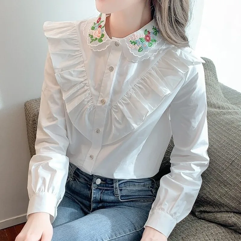 Women\'s Spring Autumn New Shirts Fashion Commute Spliced Ruched Button Peter Pan Collar Long Sleeve Embroidered Solid Blouses