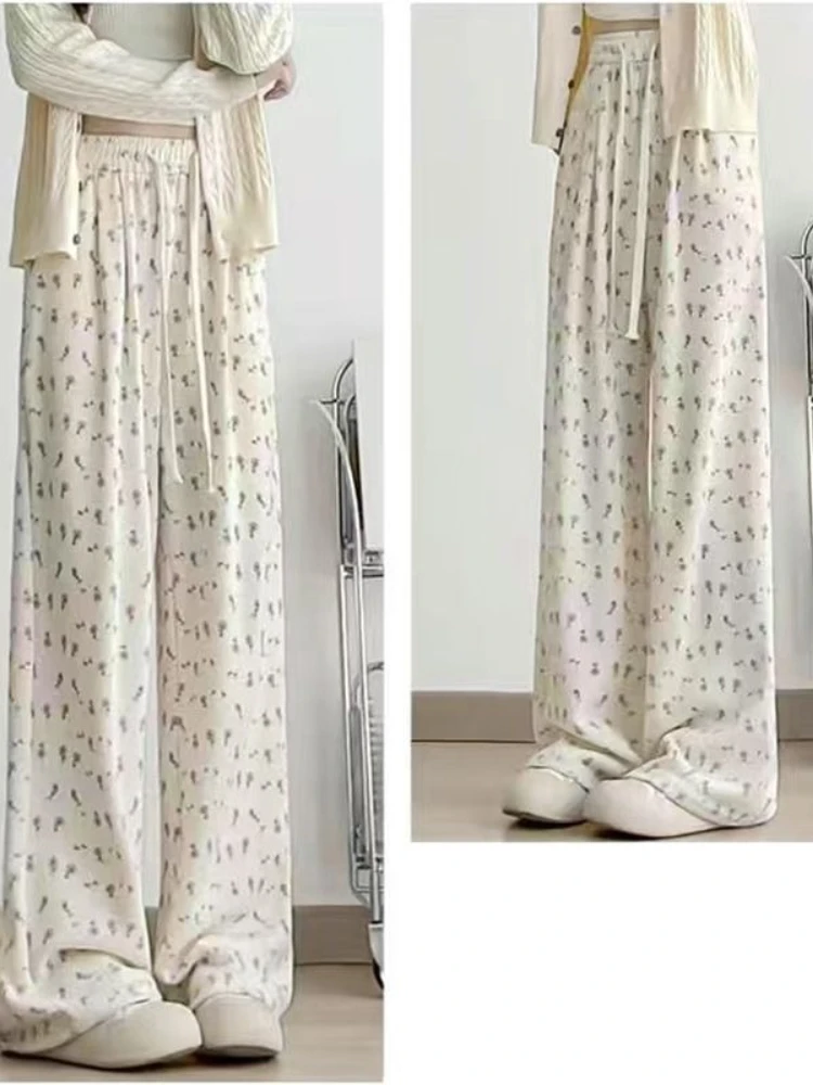 Pantaloni casual a gamba dritta con stampa carina Donna Estate 2025 Nuovi pantaloni coreani a gamba larga allentati dolci Pantaloni a vita alta lunghi fino al pavimento