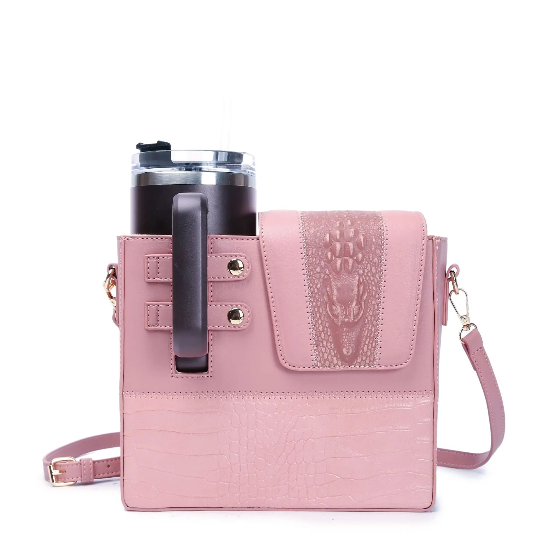 

For Stanley Cup Water Bottle Carrier Portable Handbag Phone Pocket Pouch Bag PU Crocodile Leather Case Adjustable Shoulder Strap