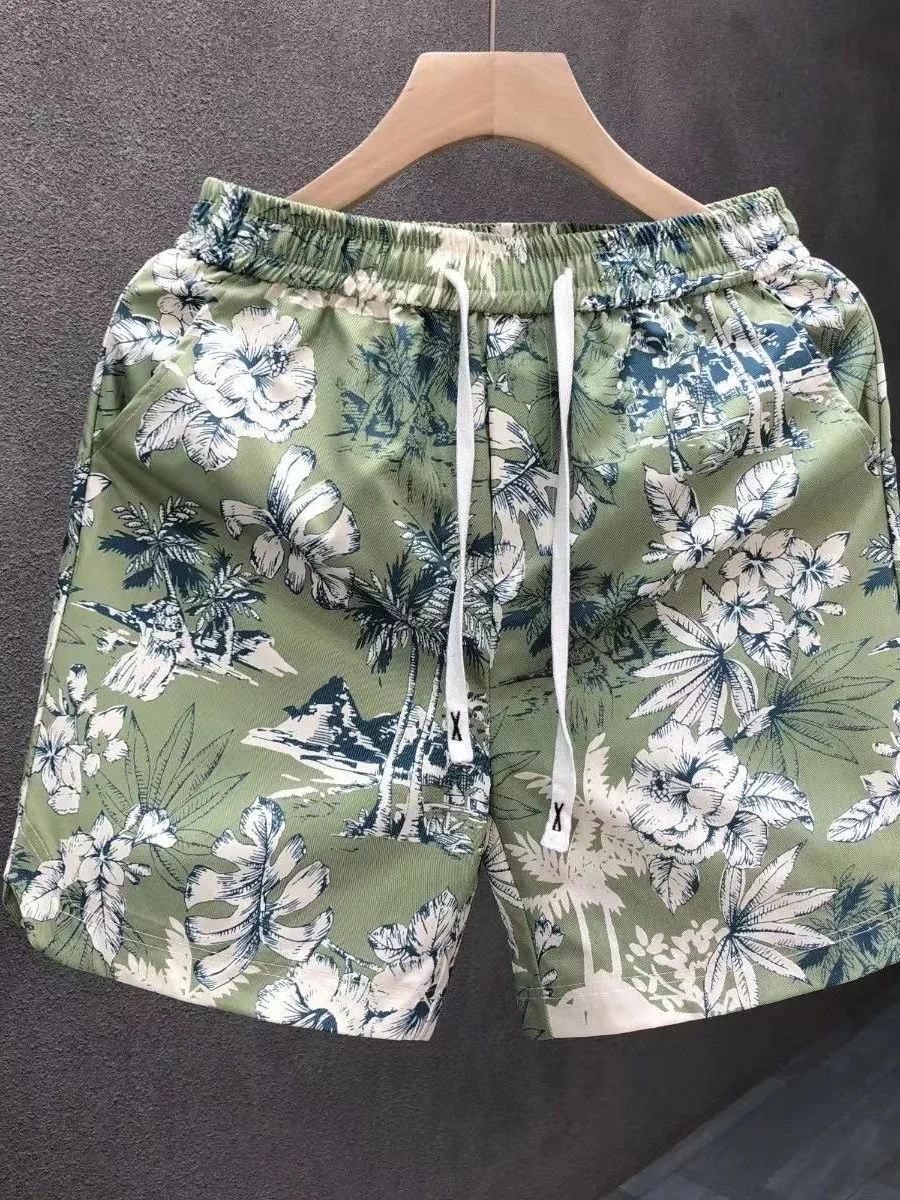 Summer New Men's Casual Beach Shorts 4-Part Fashionable American Style Floral Beach Pants Polyester Fiber Slim Fit mid Waist