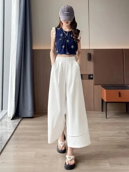 2026 New Women's Wide Leg Pants Nine Points Straight Narrow Version Thin Quick Dry Casual High Waist Elastic Korean Style