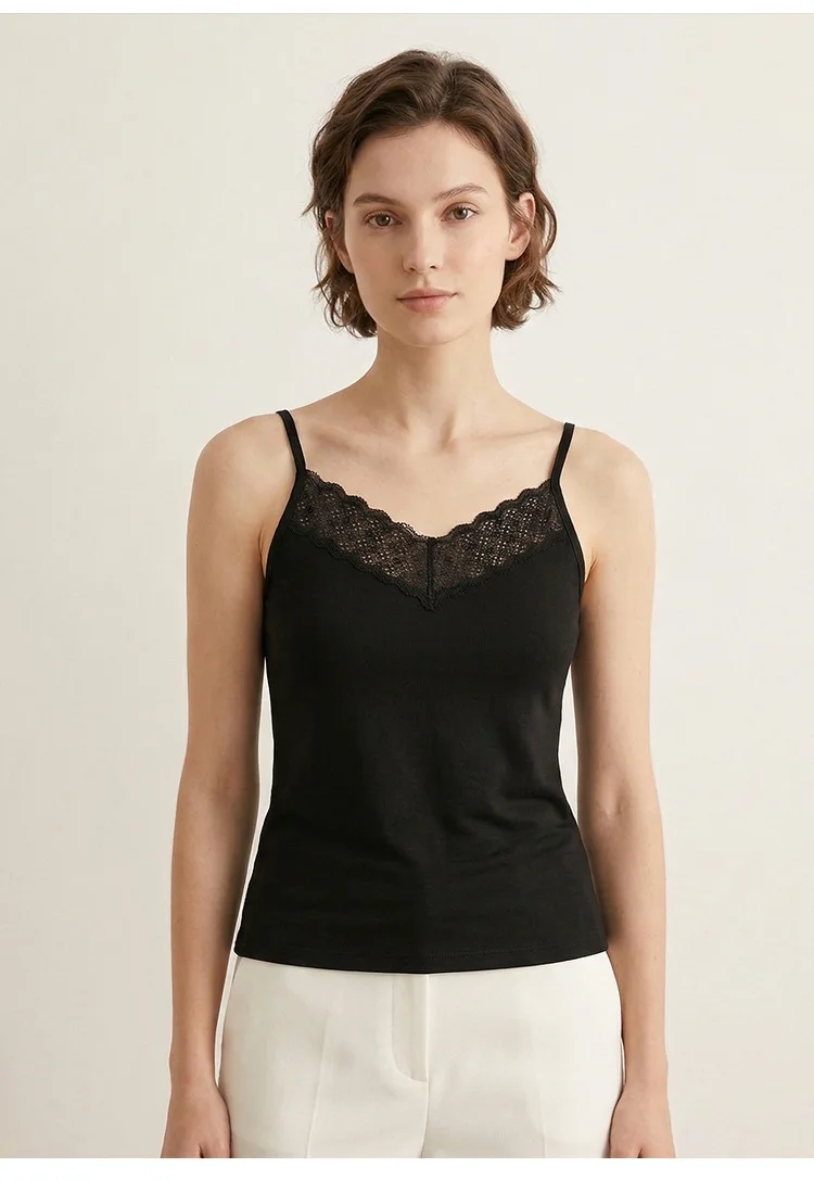 MadBlack-6A 100%Real Silk Elegant Knit Vest, V Neck Lace Patchwork, Women French Casual Thin Camisole, 2026 Summer New T65782CC