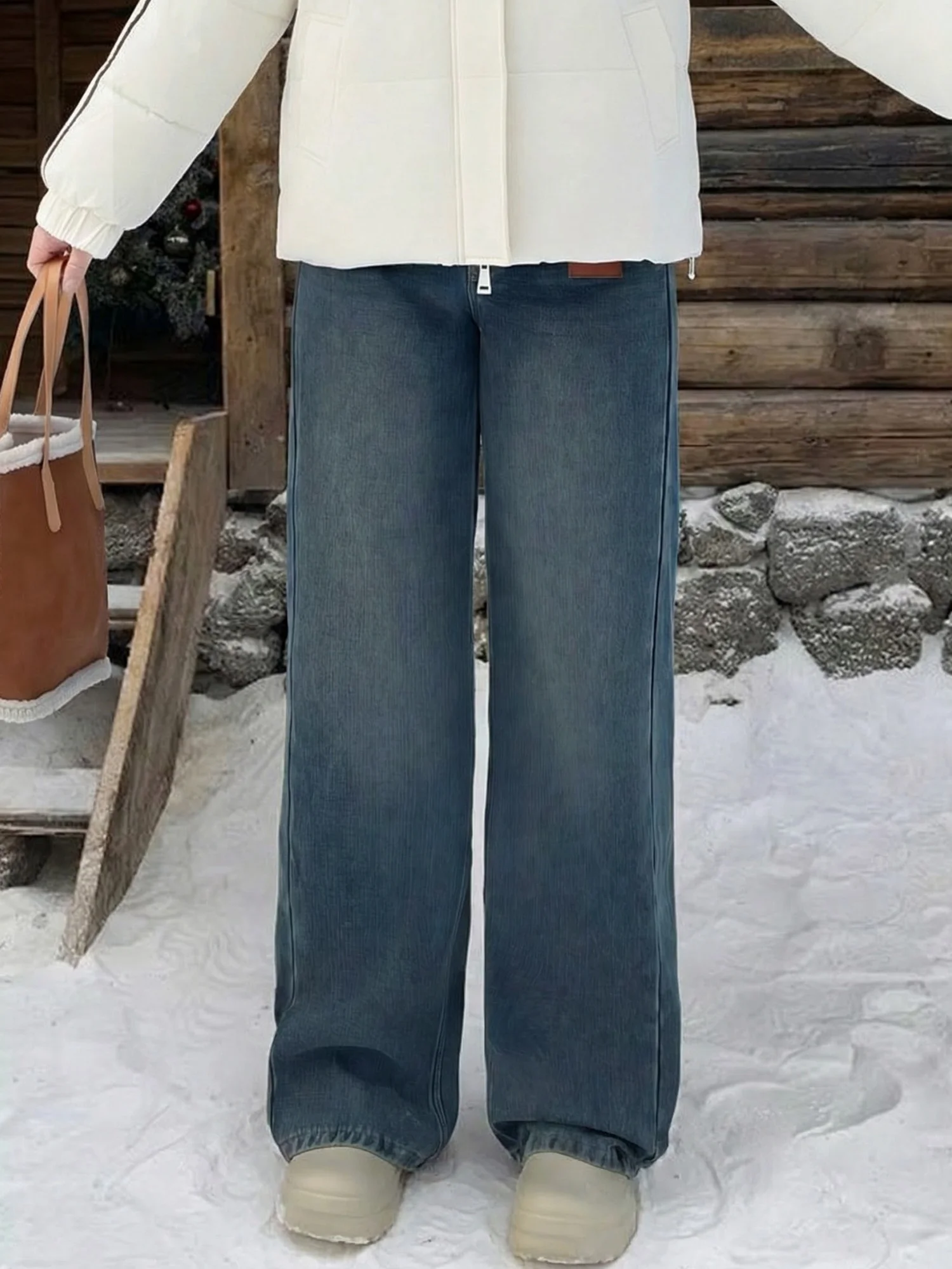 

High Waist Fleece Lined Straight Leg Jeans plus Size Casual Versatile Wide Leg Pants for Women Commute Style Winter New Arrival