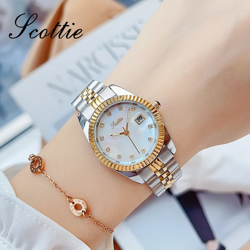 Scottie Women Quartz Watch Luxury Classic Diamond Dial Rose Gold Sliver Clock Stainless Steel Orologio Reloj Ladies Wristwatch