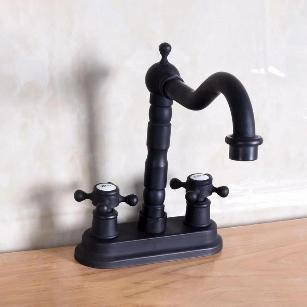 

Black Oil Rubbed Bronze Double Cross Handle Deck Mount Cold & Hot Tap 2 Hole 4" Centerset Kitchen Faucet Sink Mixer Tap tnf150