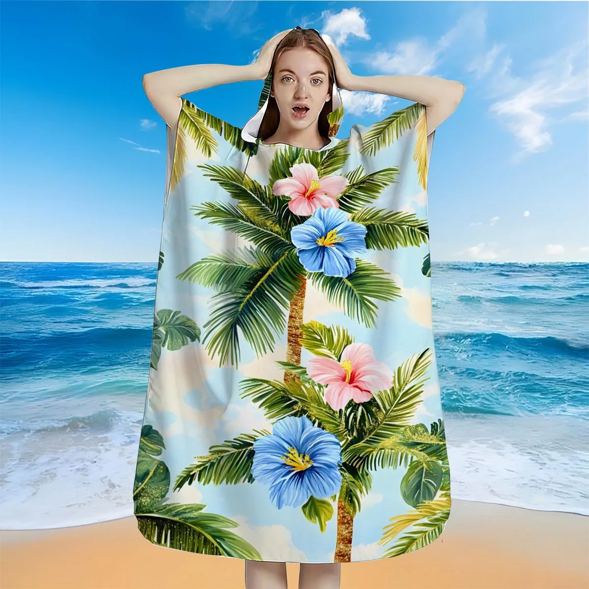 Tropical Coconut Tree Print Hooded Beach Towel Quick Dry Microfiber Surf Poncho for Adult Absorbent Cape with Hood for Swimming