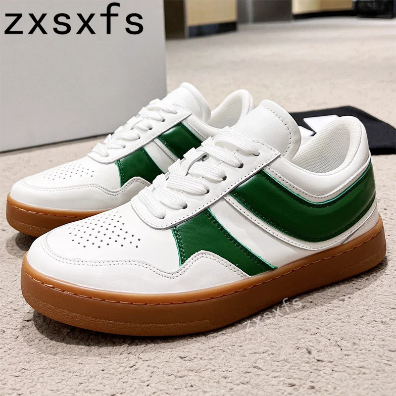 

2023 Spring New Leather Patchwork Flats Shoes Lace Up Round Toe Sneakers Shoes Brand Outside Comfortable Couple Shoes