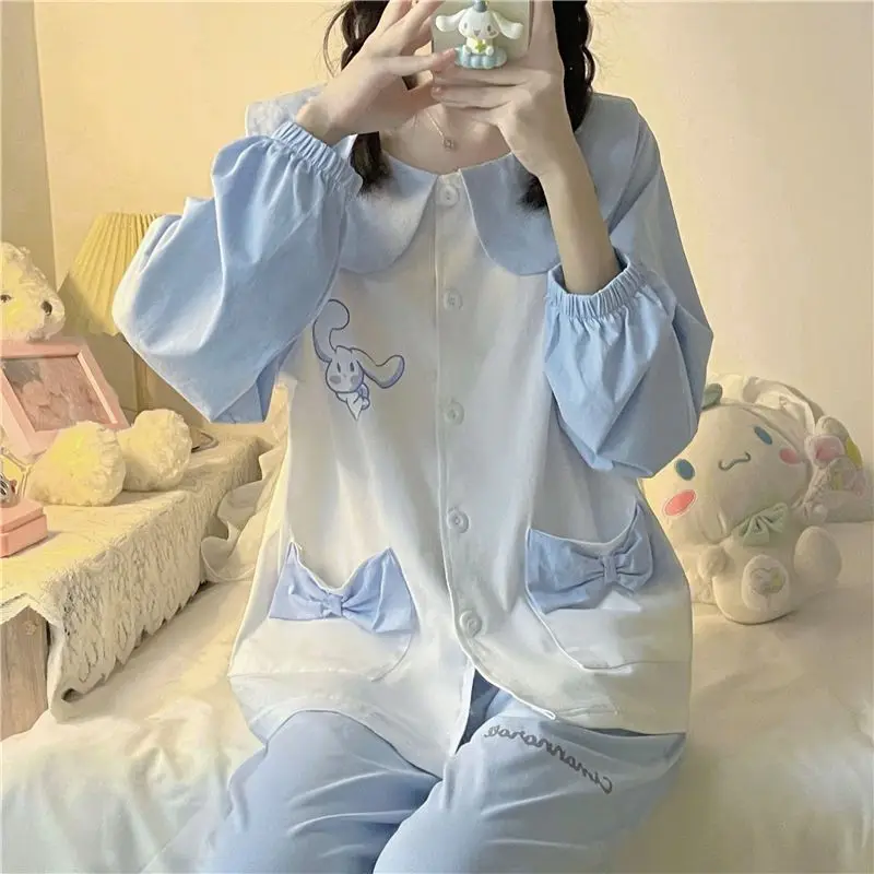 Sanrios Anime Cinnamoroll Pigiama Set Kawaii Ragazze Carino Cardigan giapponese Allentato Manica lunga Vestiti per la casa Primavera Autunno Indumenti da notte