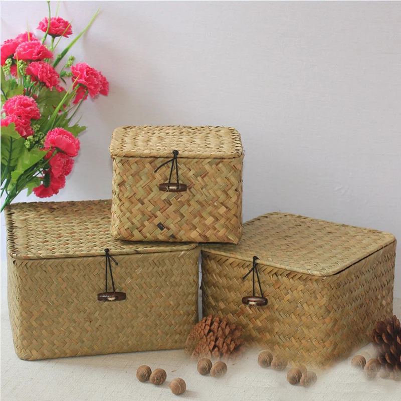 

Seaweed Storage Basket Hand-woven Storage Box with Lid Sundries Cosmetic Organizer Rectangular Closet Organizer Laundry Basket