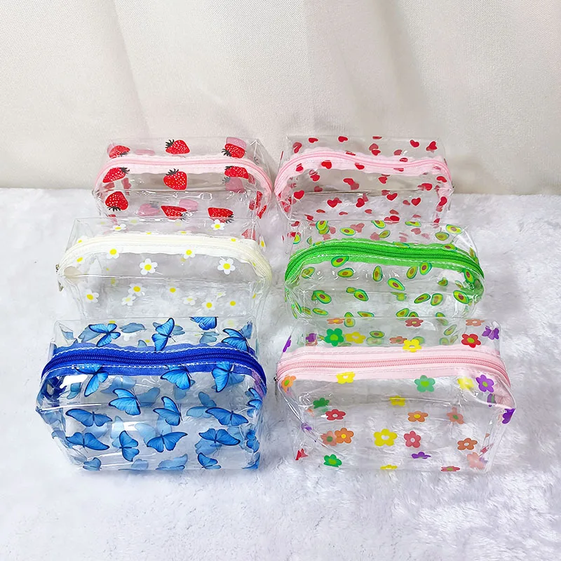 PVC Makeup Bag Fashion Transparent Travel Portable Mini Wash Storage Bags Strawberry Flower Print Women Zipper Cosmetic Bag