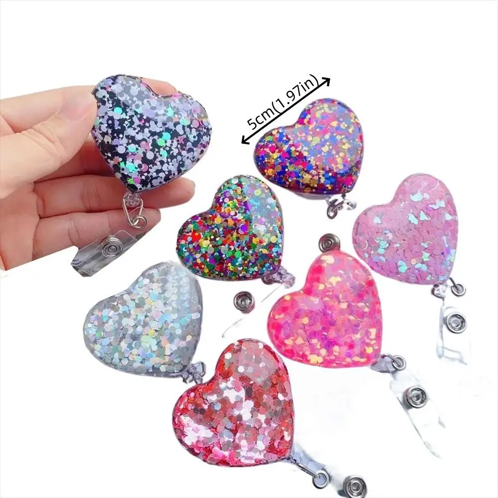 ABS Bling Glitter Love Heart Retractable Badge Holder ID Nurse Student Badge Reel with 360 Rotating Alligator Swivel Clip