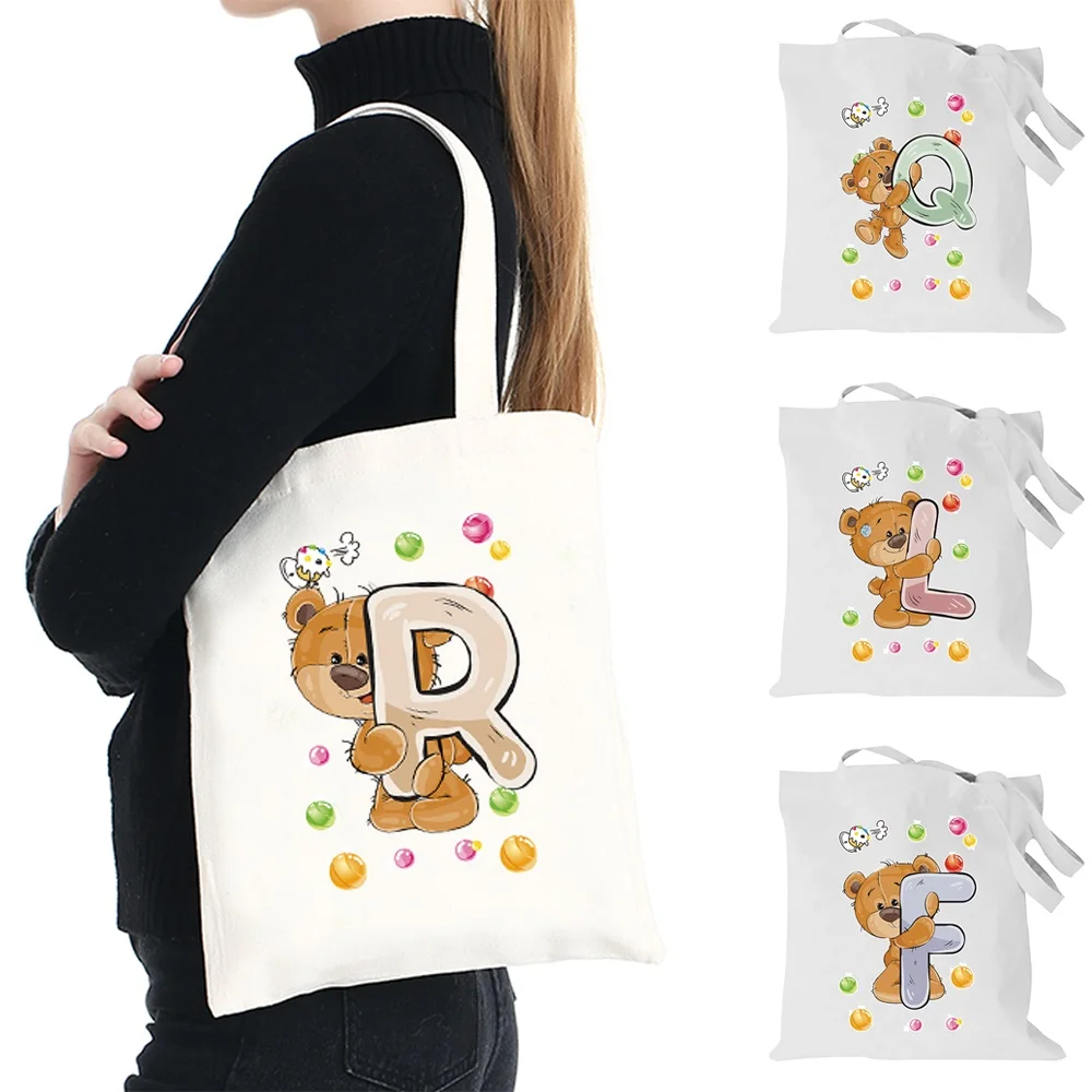 

Women Shopping Bag Organizer Foldable Canvas Tote Bag Large Capacity Bear Letter Pattern Shoulder Handbag Commute Shopper Bag