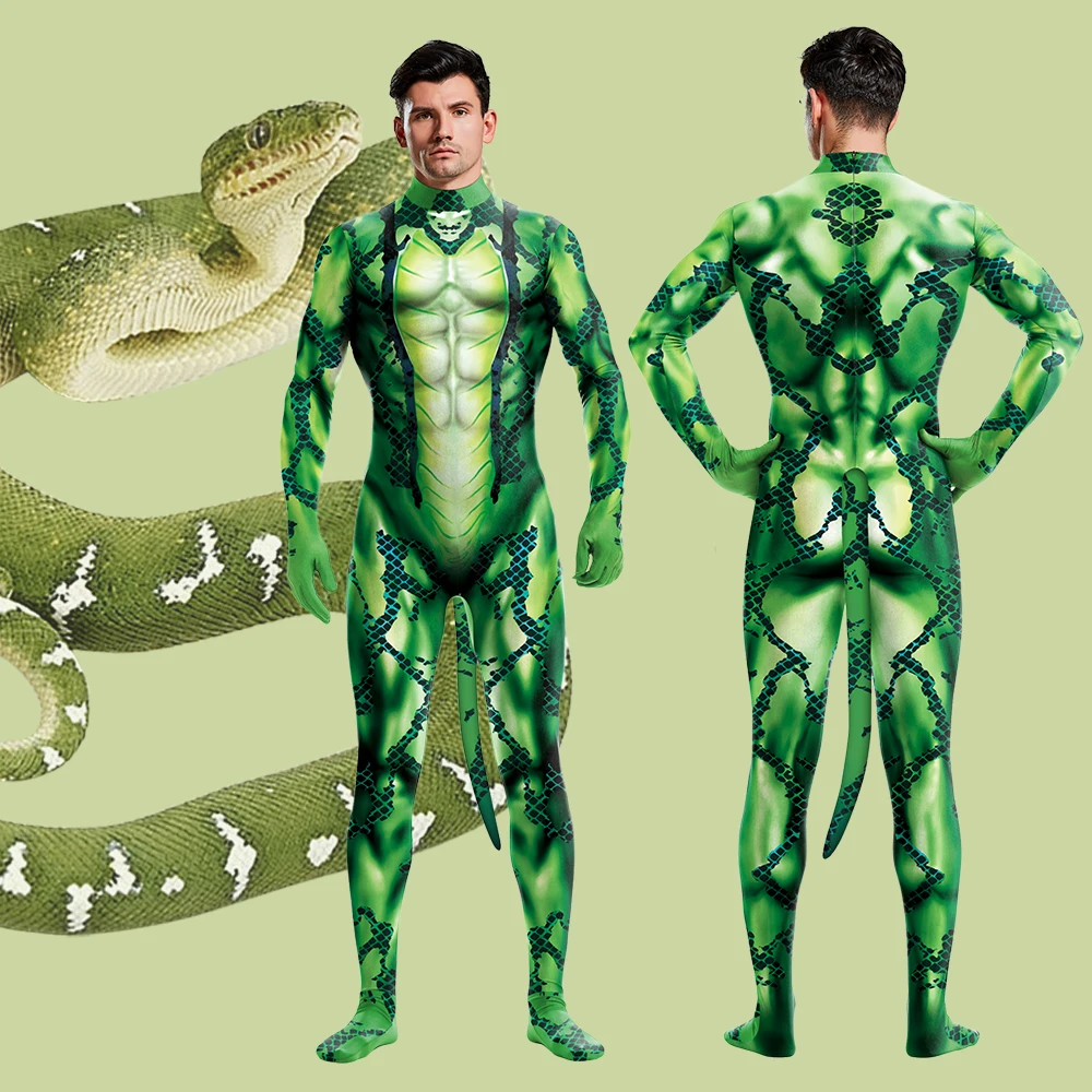 

Green Snake Zentai with Tail Halloween Cosplay Costumes Python Zentai Wild Animal 3D Printing Bodysuit Carnival Fitness Outfit