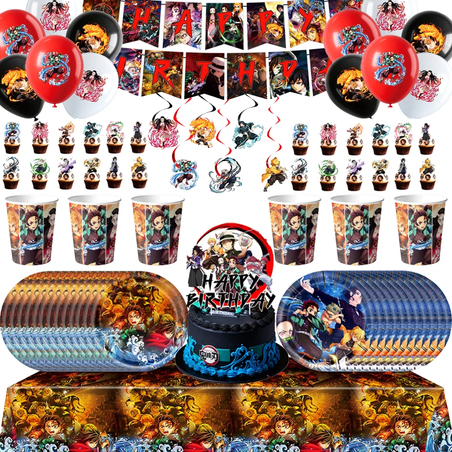 Décorations de fête Demon Slayer : Assiettes, décorations de gâteau, gobelets, ballons, cadeaux, vaisselle, fournitures pour fête d'anniversaire, récompenses pour enseignants