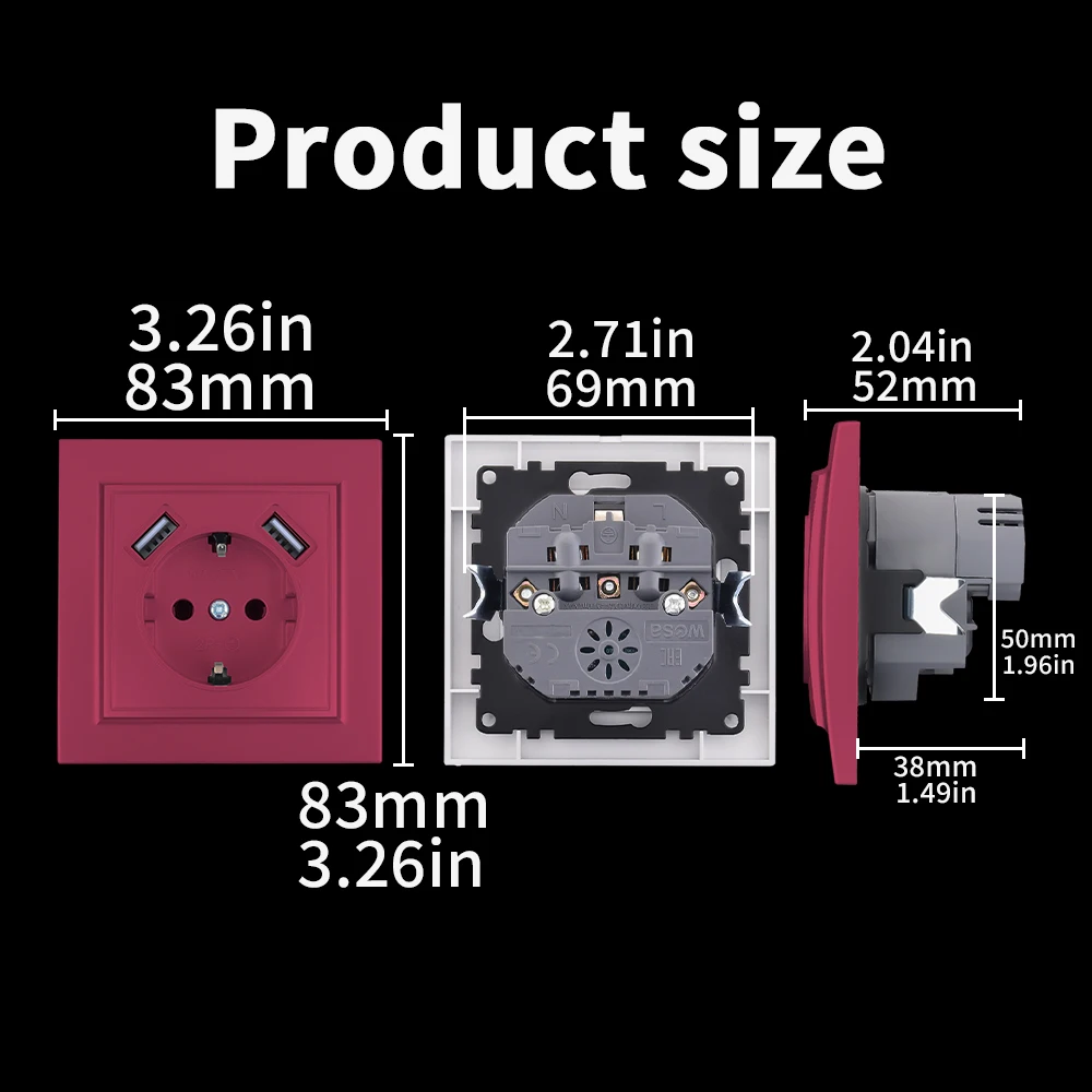 WESA Red podwójne USB Power gniazda ścienne 2.1A Standard ue elektryczne Outlett standardowe wtyczki uziemiające gniazdo ognioodporne z tworzywa