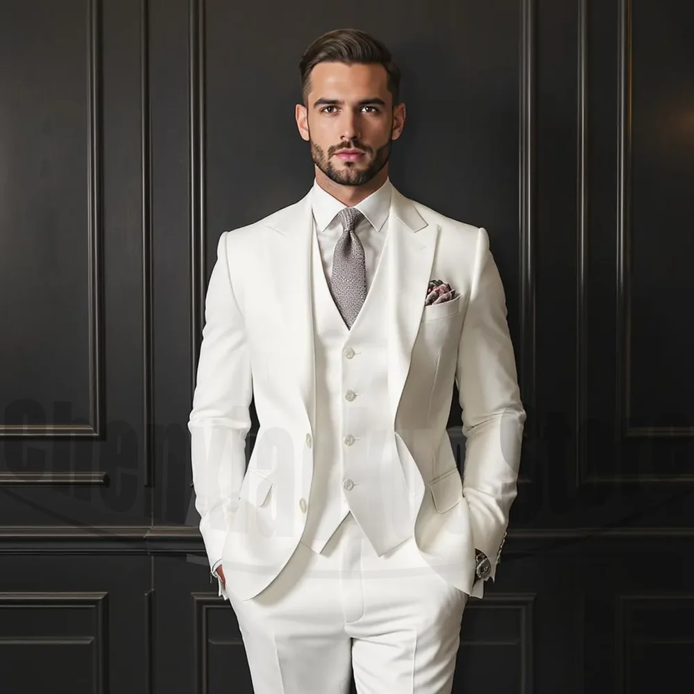 

Chic Men's White Three Piece Suit Set Formal Wedding Groom Party Outfit Elegant Smart Casual Tailored Blazer Vest and Pants